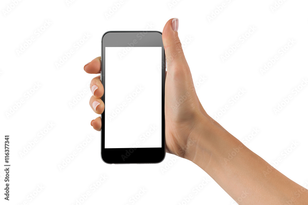 Female hand holding black cellphone with white screen isolated