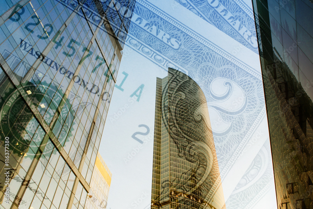 Obraz premium Money and business centre, dual exposure effect.