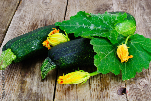 Fresh Green Zucchini with Leaves and Flowers photo