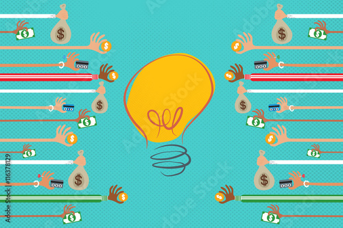 Crowdfunding concept with many hands giving money to a light bulb idea.