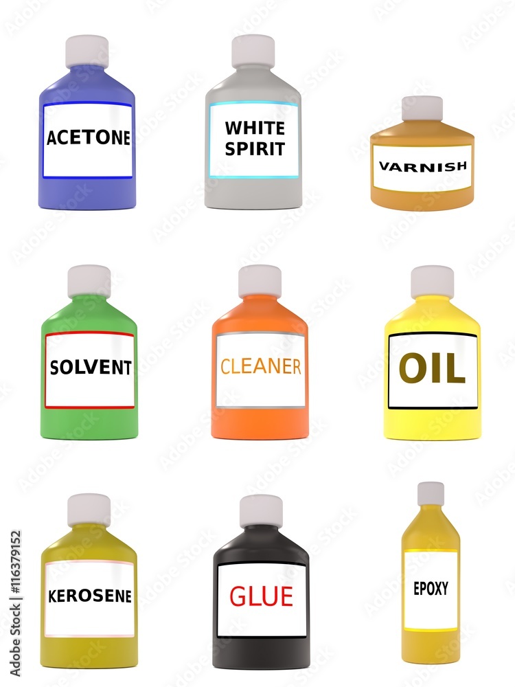 Set of sample bottles with acetone, white spirit, varnish, solvent,  kerosene, cleaner, oil, glue and epoxy Stock Illustration | Adobe Stock