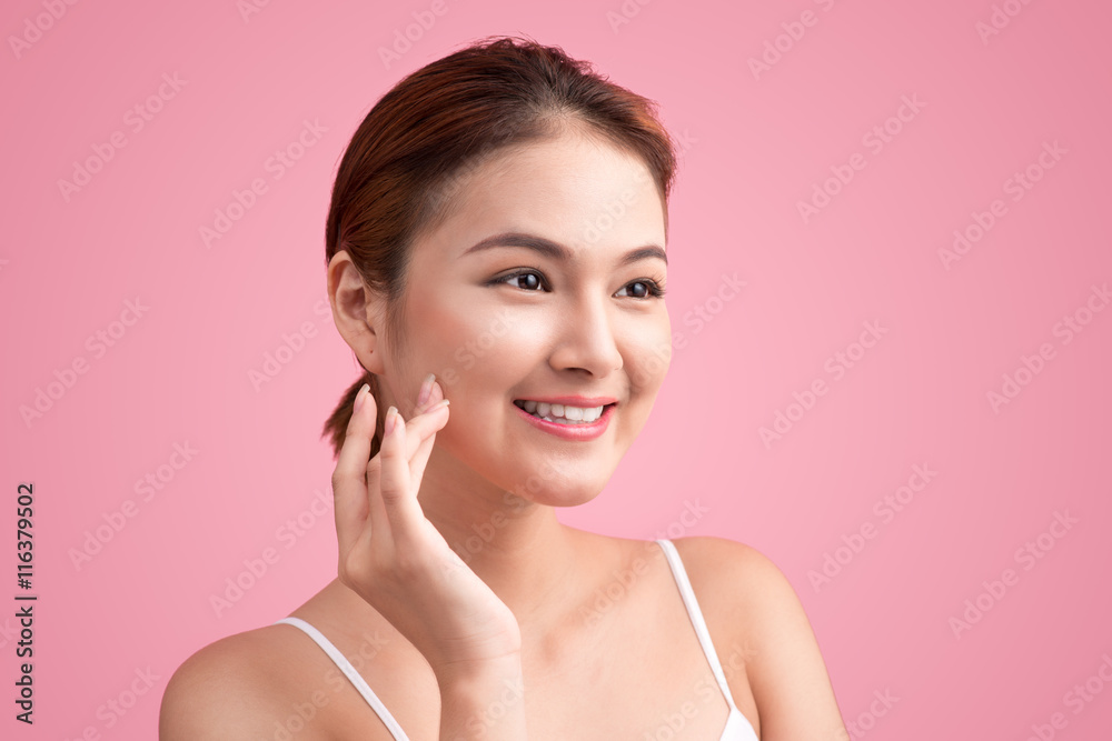 Portrait of Beautiful Skin care woman enjoy and relax touching h Portrait of Beautiful Skin care woman enjoy and relax touching h