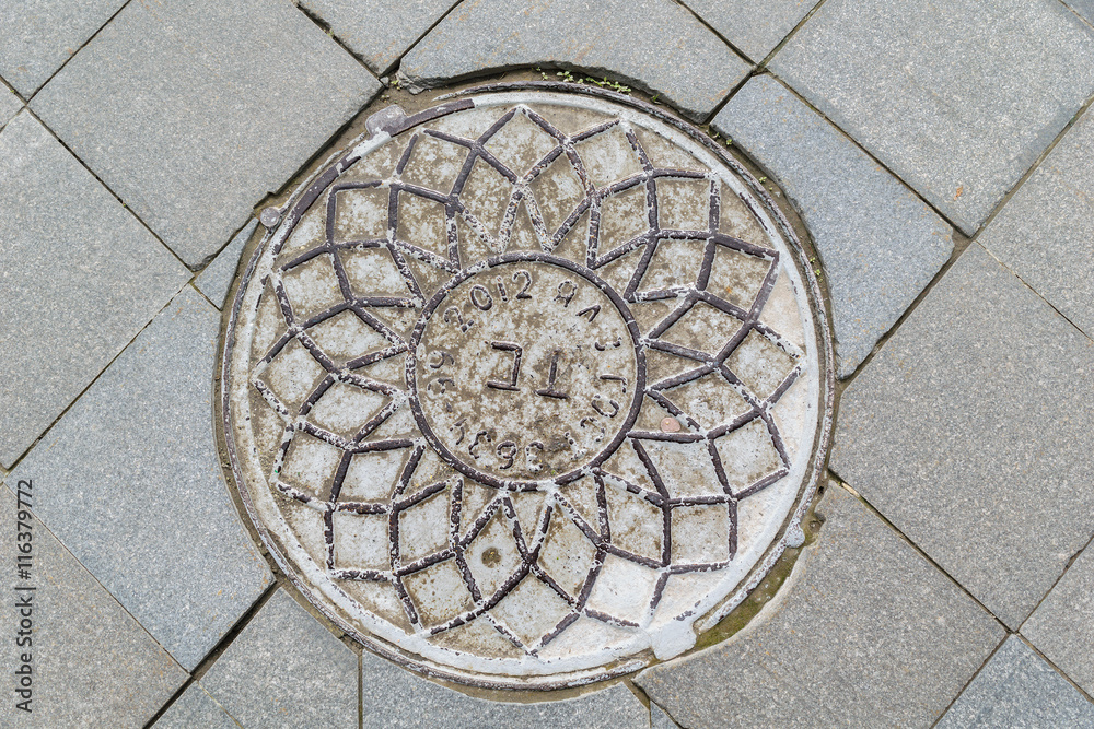 Metal manhole cover with ornaments covering the technology pit