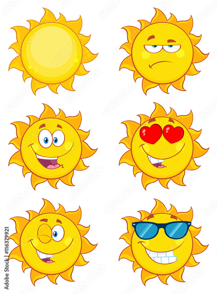 Sun Cartoon Mascot Characters. Set Collection Isolated On White