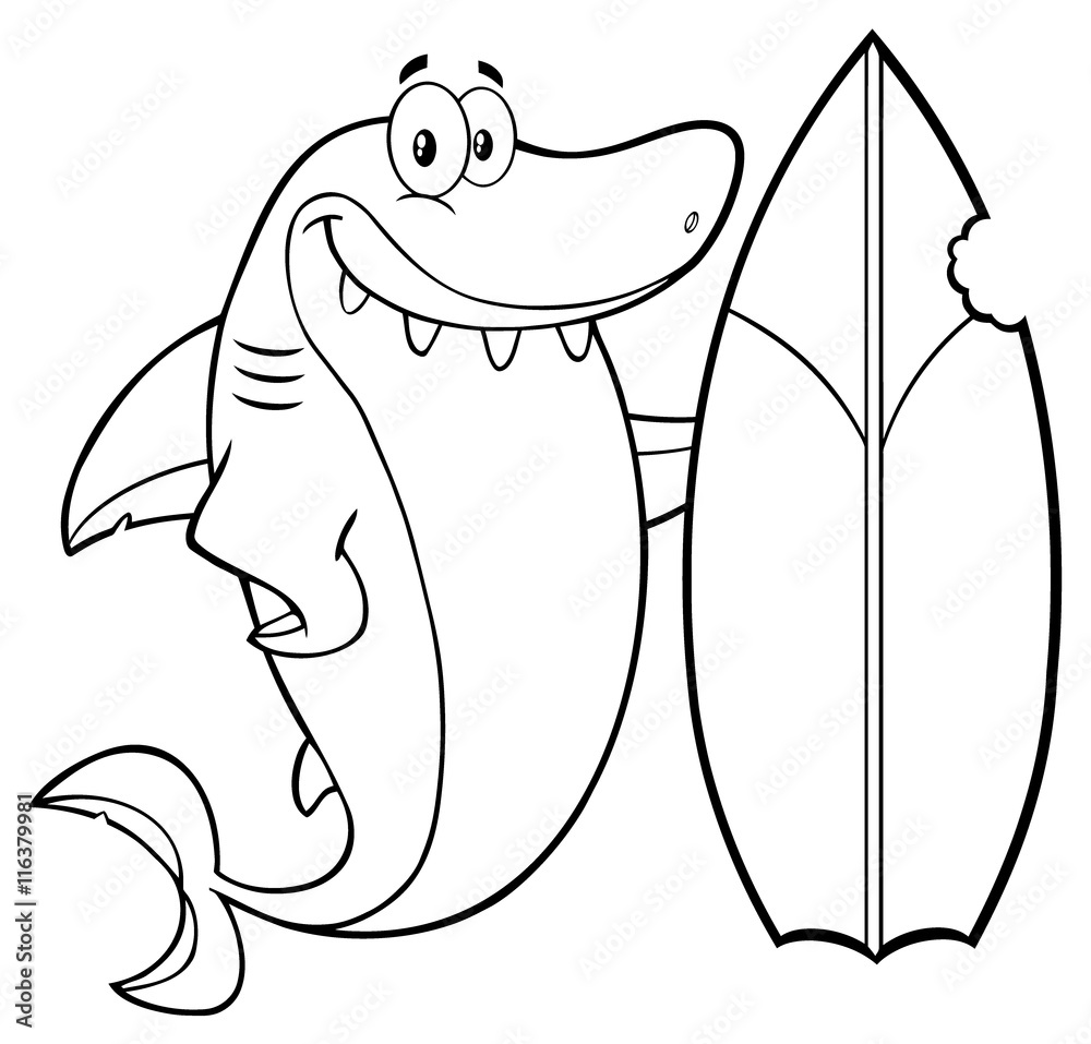 Obraz premium Black And White Smiling Shark Cartoon Mascot Character With Surfboard 