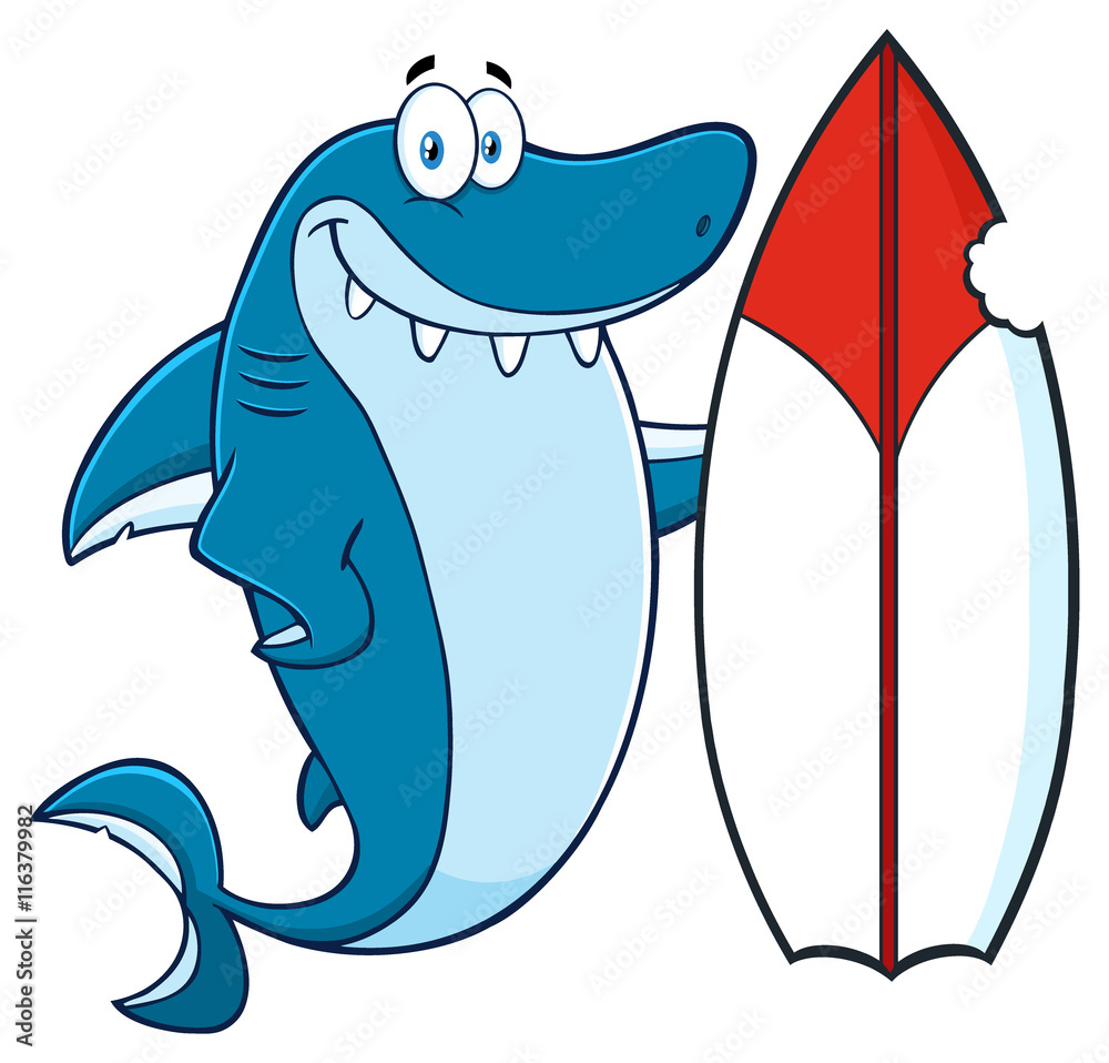 Obraz premium Smiling Blue Shark Cartoon Mascot Character With Surfboard 