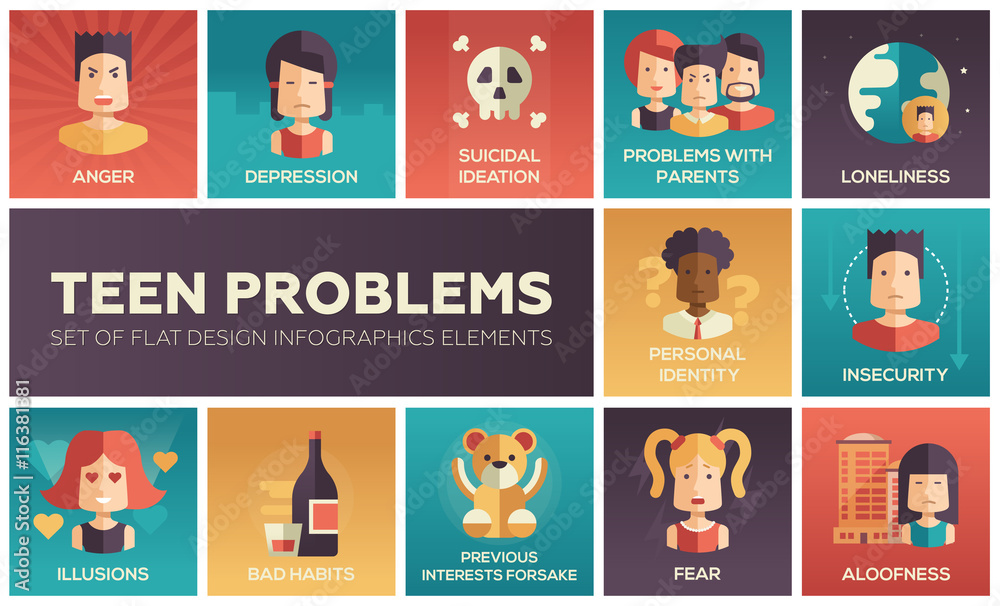 Teen problems- flat design icons set