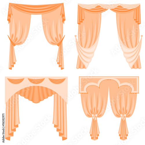 A set of curtains isolated on white background. Vector illustration. Collection of window curtains in various designs for interior.