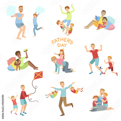 Fathers Day Illustration Set Of Dads Playing With Kids