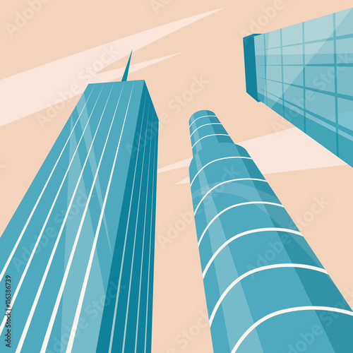 Skyscrapers in the city. Bottom view. Cartoon vector illustration
