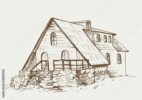 Rural house facade in village. Cottage in the countryside. Hand drawn sketch vector illustration in vintage style.