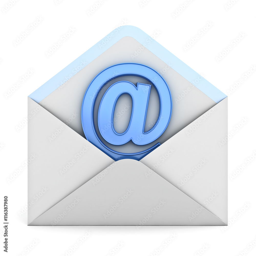 Blue at sign mail in envelope E mail concept isolated on white background 3D rendering Blue at sign mail in envelope E mail concept isolated on white background 3D rendering