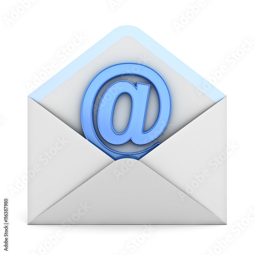 Blue at sign mail in envelope E mail concept isolated on white background 3D rendering