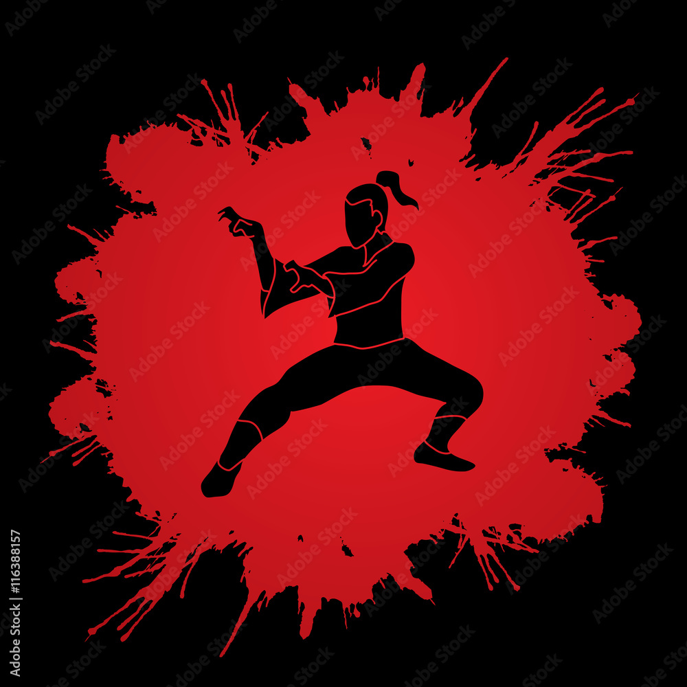 Kung fu action designed on splatter blood background graphic vector.