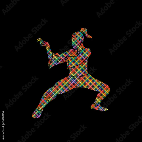 Kung fu action designed using colorful pixels graphic vector.