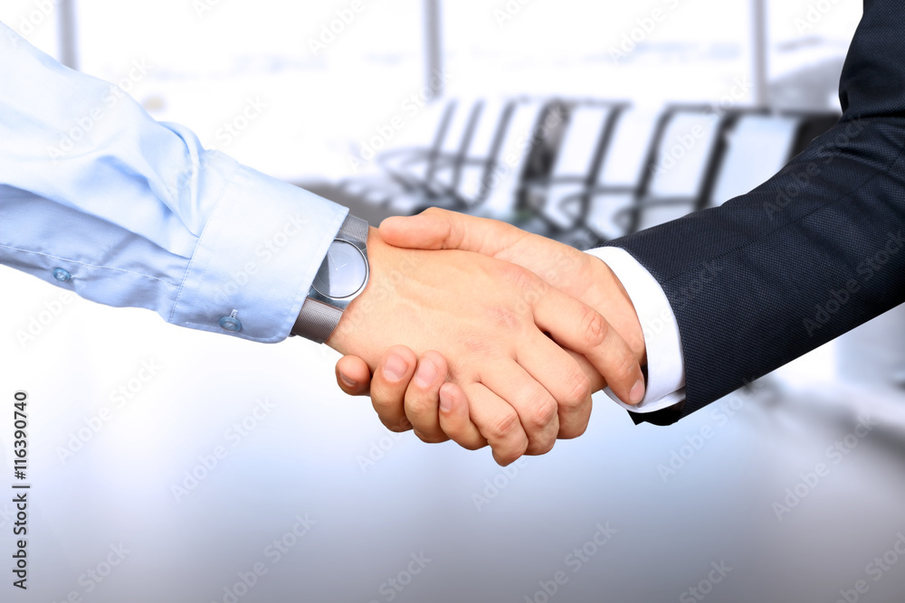 Close-up image of a firm handshake between two colleagues