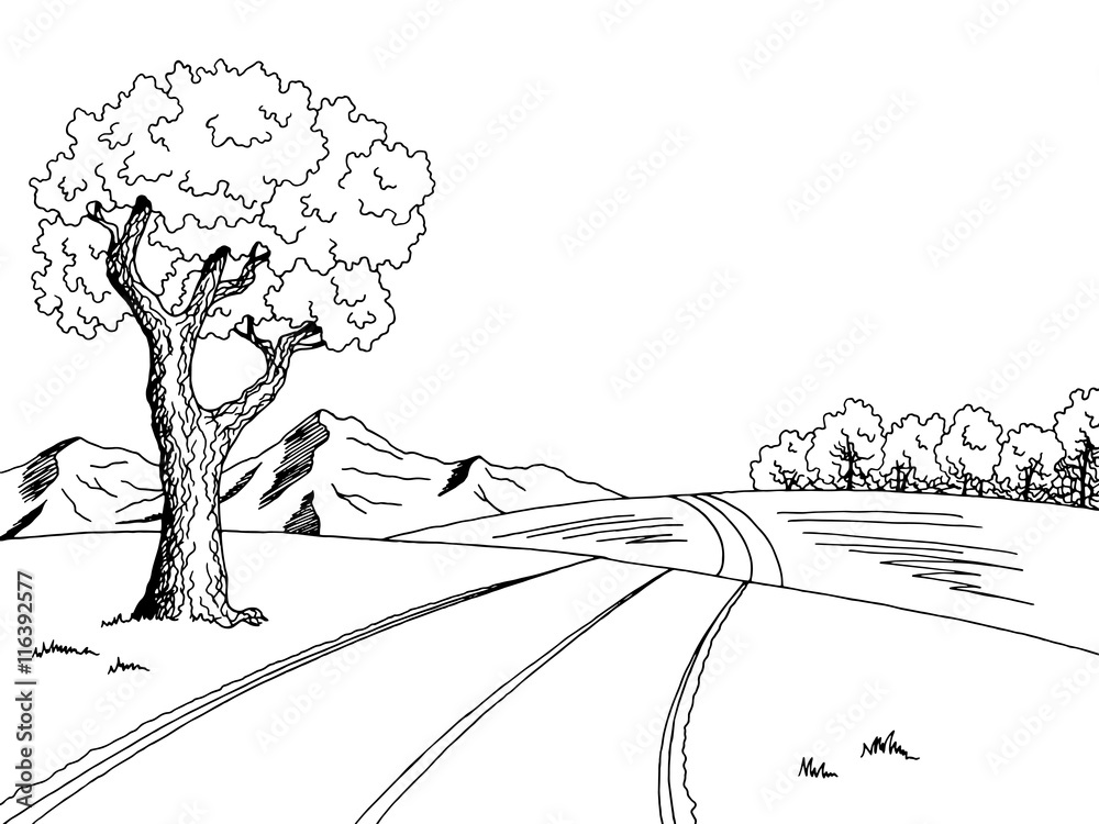 Mountain road tree graphic art black white landscape illustration