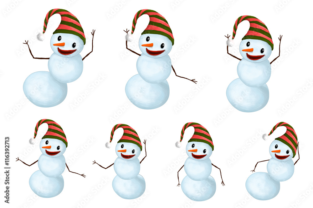 Isolated Funny Smiling Snow-mans set with Hat and Carrot Nose