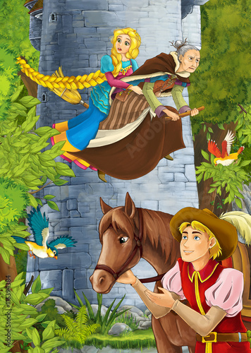 Fototapeta Naklejka Na Ścianę i Meble -  Cartoon scene of a nobleman in the forest - some prince or traveler encountering tower and princess flying on the broomstick with the witch - horse - beautiful manga girl - illustration for children