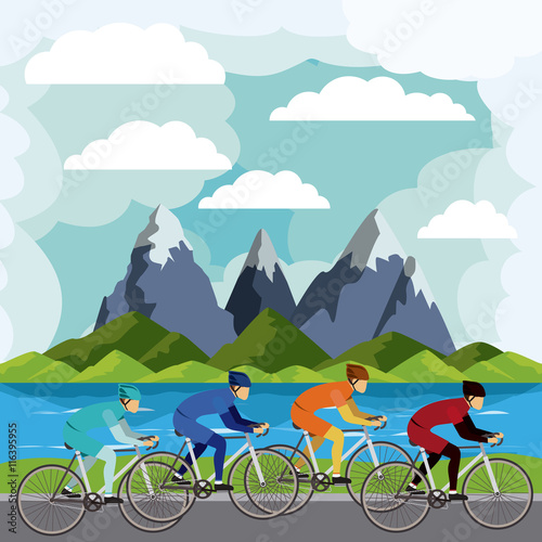 cycling race with beautiful landscape background isolated icon design, vector illustration graphic 