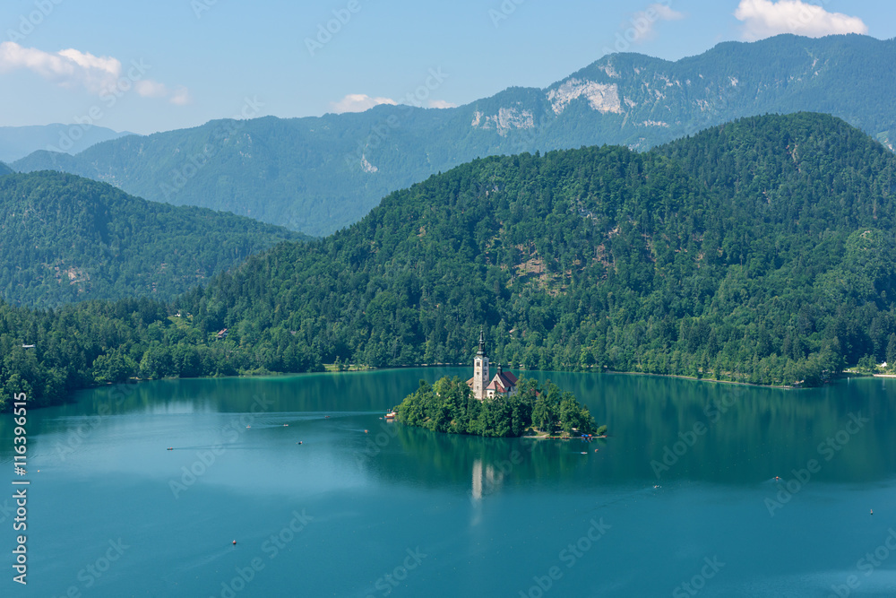 Alpine lake Bled with island and turquoise water, view from castle, Slovenia, Europe