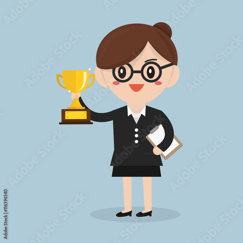 Business concept, business woman holding trophy.