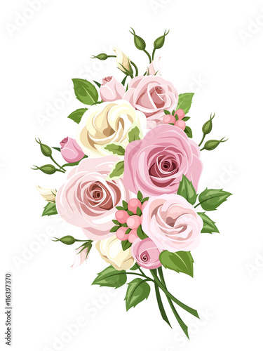 Vector bouquet of pink and white roses and lisianthus flowers isolated on a white background.