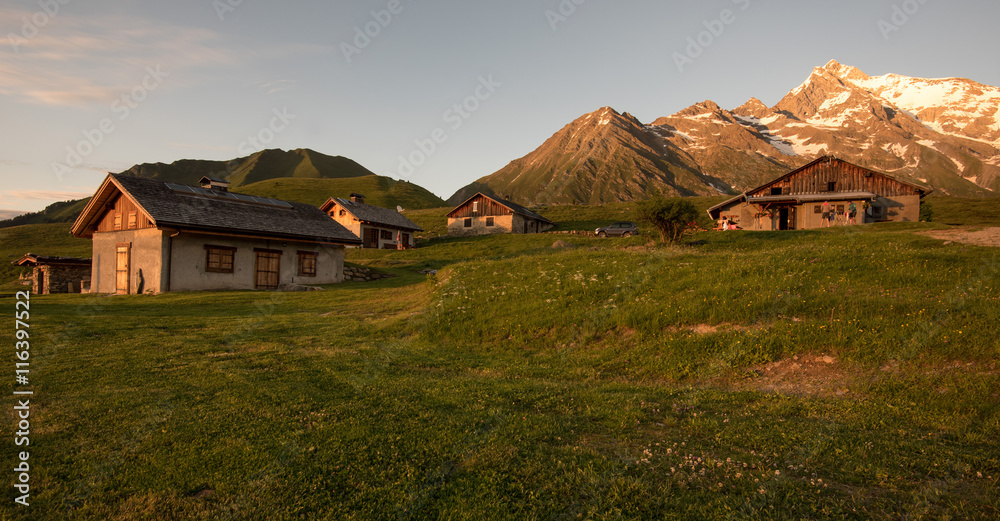 Mountain village in sunset light, French Alps Mountain village in sunset light, French Alps