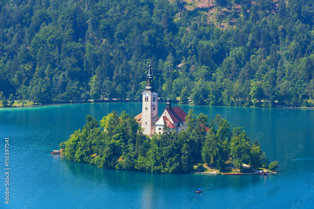 Aerial view on the island on emerald alpine lake Bled, Slovenia – nature travel background