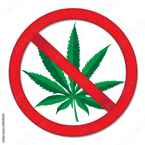 Sign of prohibition cannabis. Red sign ban marijuana. Stop drugs sign. Vector illustration