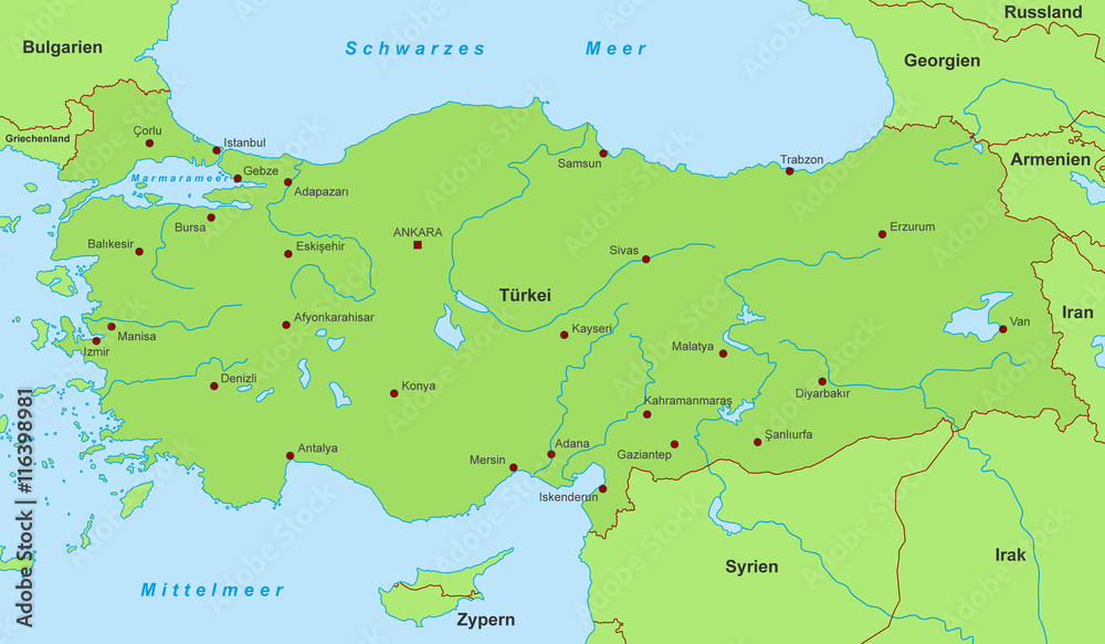 Fototapeta premium Türkei Karte - Grün (detailliert)