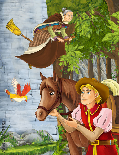 Cartoon scene of a nobleman in the forest - some prince or traveler encountering castle tower and flying witch on the broomstick - horse is nearby - beautiful manga girl - illustration for children