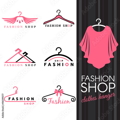 Fashion shop logo - Sweet ping shirts and Clothes hanger logo vector set design photo