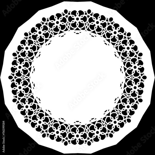 Lace round paper doily, lacy snowflake, greeting element, template for cutting, vector illustrations