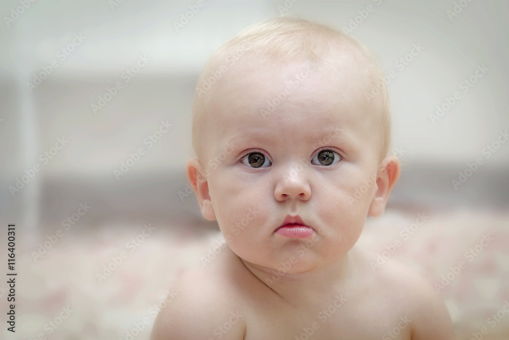 Portrait of the beautiful little boy on a light blurred background. Selective soft focus. Gentle tone
