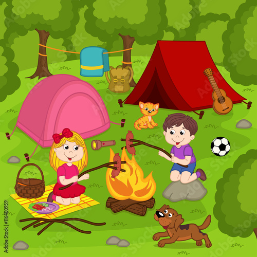 children fry sausages on the bonfire in the summer camp - vector illustration, eps