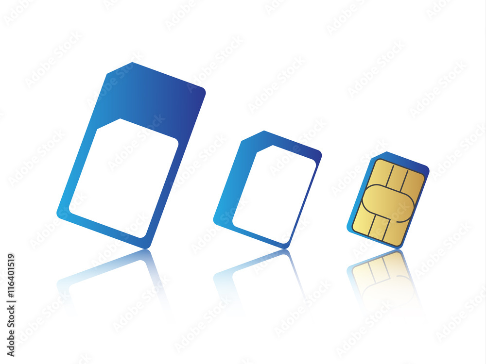 Mobile phone sim card set, standard, micro and nano sim card, vector illustration