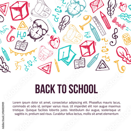Back to School banner isolated on white background with doodle elements. Vector illustration can be used for greeting cards, clothes.