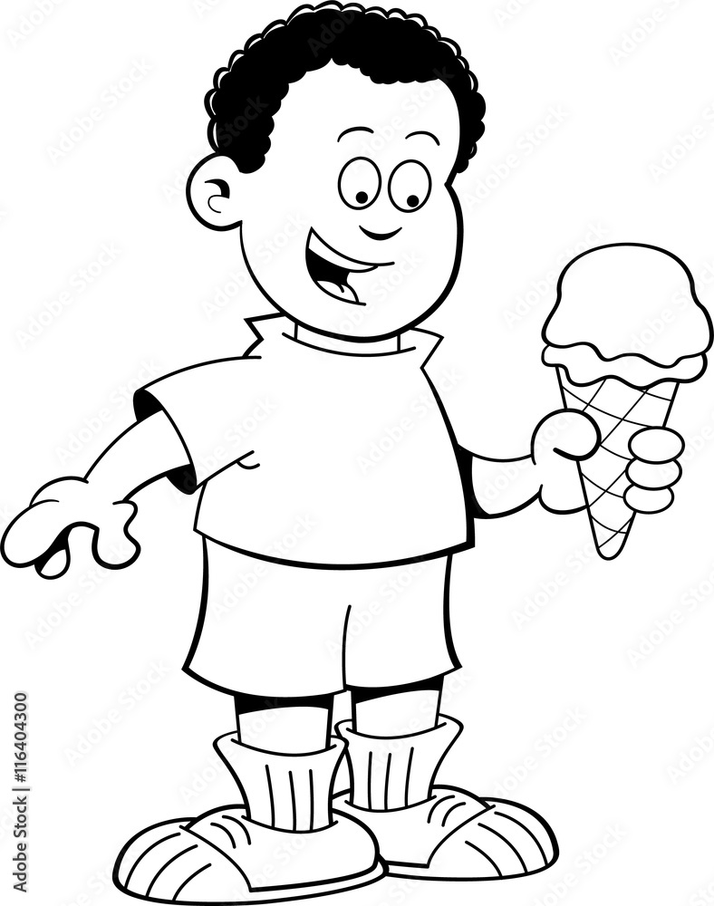 Black and white illustration of an African boy eating an ice cream cone. Black and white illustration of an African boy eating an ice cream cone.