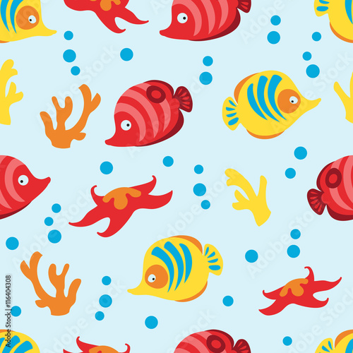 Seamless pattern with sea life on blue background.
