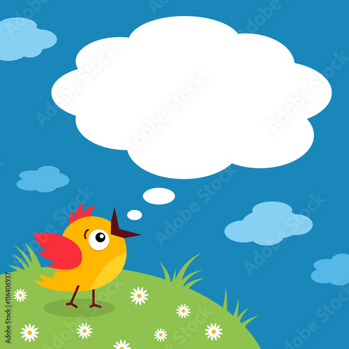Funny little bird with open mouth and empty speech bubble on meadow and clouds background. Vector cartoon background.