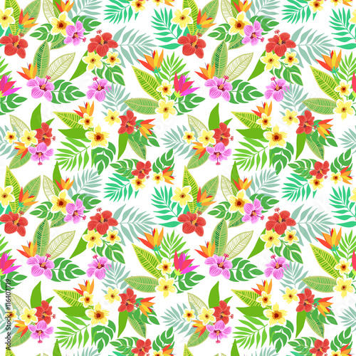 Beautiful seamless vector floral jungle pattern background. Colorful tropical flowers, palm leaves and plants, hibiscus, paradise flower, exotic print