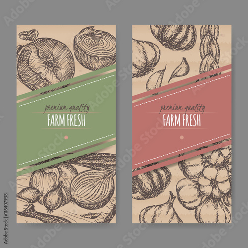 Set of two labels with onions and garlic sketch.