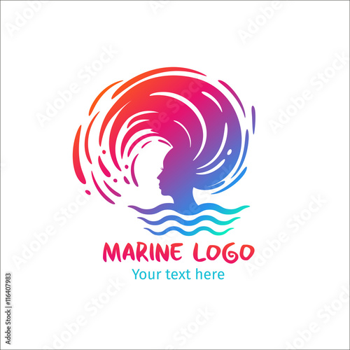 Woman profile silhouette in sea waves with hair over her head and drops in circle. Vector colorful logo teplate on white background
