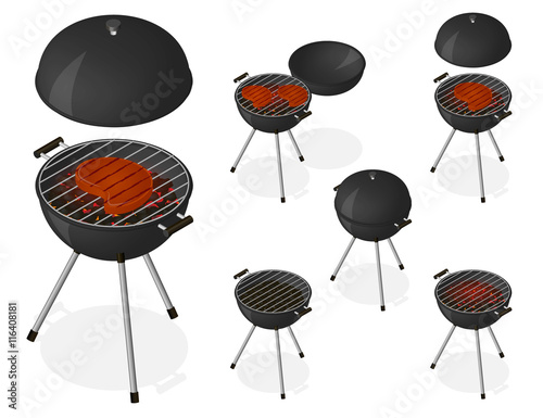 Opened and closed barbecue grill set.