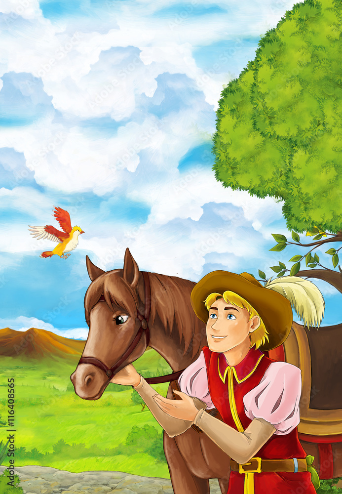 Cartoon scene with young man sitting in some garden - handsome man - horse  transportation - illustration for children Stock Illustration | Adobe Stock