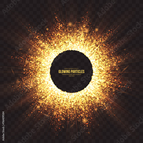 Abstract bright golden shimmer glowing particles transparent vector background. Scatter shining star dust light explosion effect. Burning sparks wallpaper. Celebration, holidays and party illustration