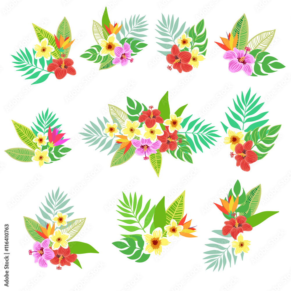 Beautiful vector floral jungle print with bouquet elements. Colorful tropical flowers, palm leaves and plants, hibiscus, paradise flower, exotic bouquet