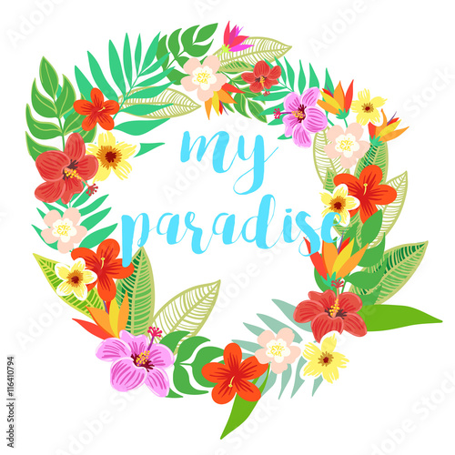 Beautiful vector floral jungle frame wreath. Colorful tropical flowers  palm leaves and plants  hibiscus  paradise flower  exotic print