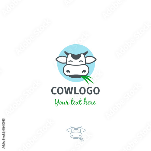 Funny cartoon vector cow with grass logo template.